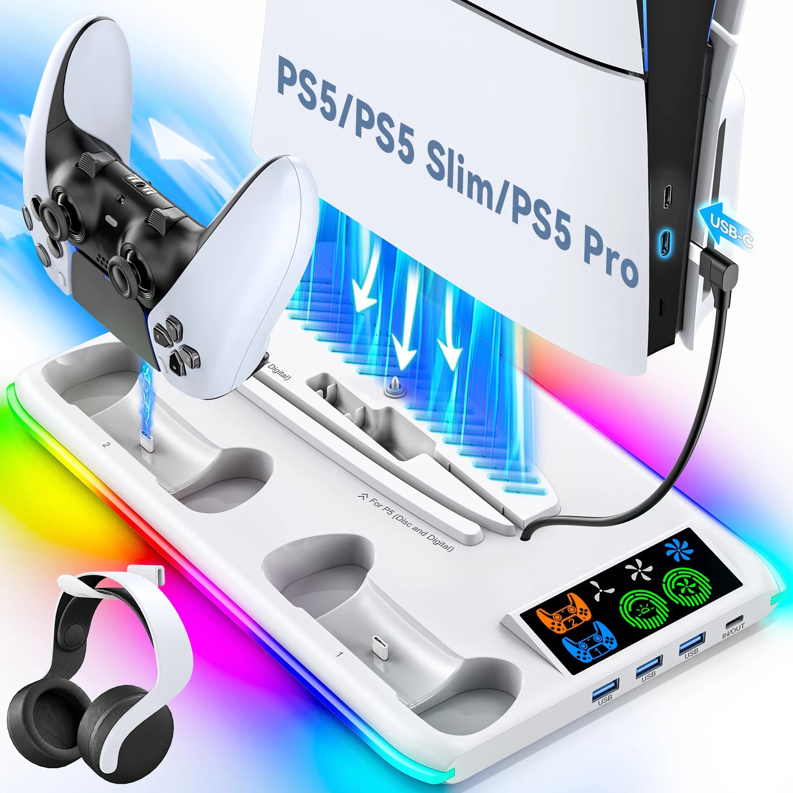 PS5/PS5 Slim/PS5 Pro Stand with Headphone Hook Cooling Stand & Controller Charging Station for PS5 With 3 Levels Cooling Fan