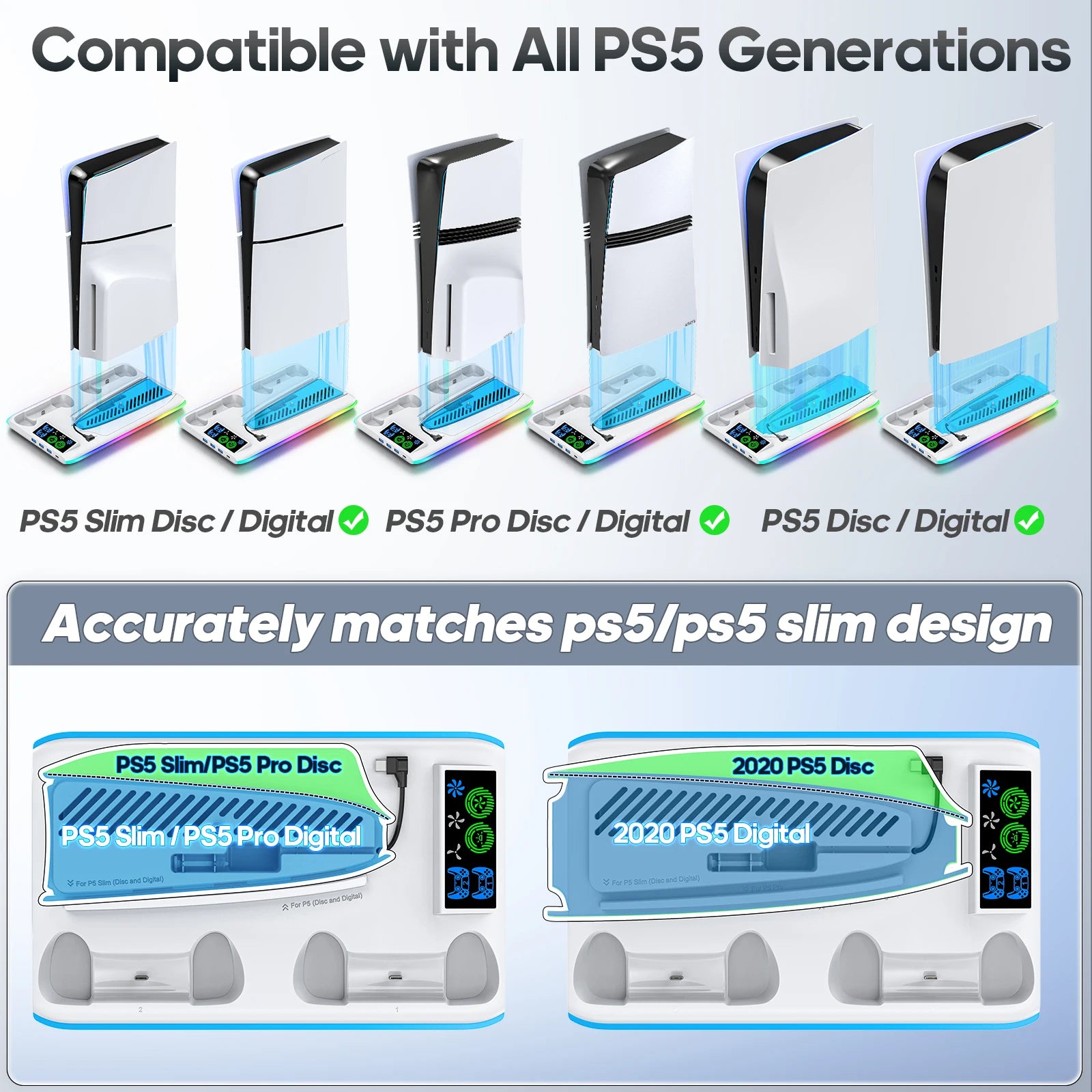 PS5/PS5 Slim/PS5 Pro Stand with Headphone Hook Cooling Stand & Controller Charging Station for PS5 With 3 Levels Cooling Fan