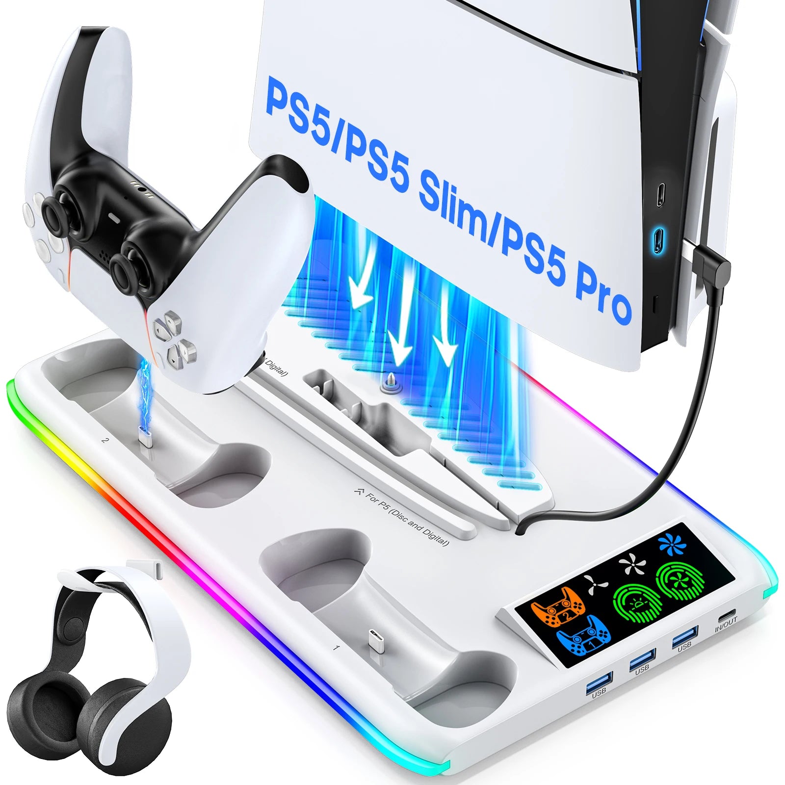 PS5/PS5 Slim/PS5 Pro Stand with Headphone Hook Cooling Stand & Controller Charging Station for PS5 With 3 Levels Cooling Fan