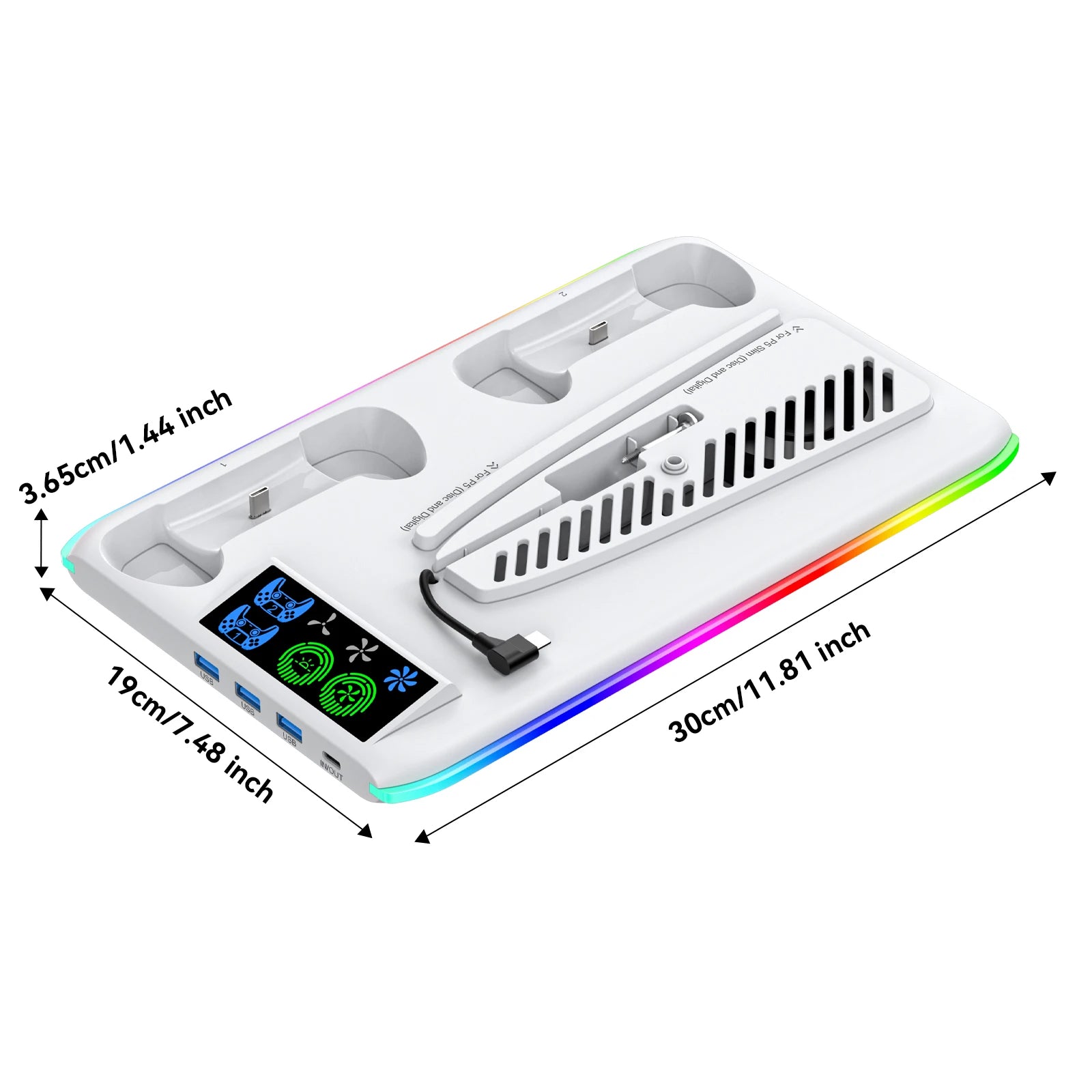 PS5/PS5 Slim/PS5 Pro Stand with Headphone Hook Cooling Stand & Controller Charging Station for PS5 With 3 Levels Cooling Fan