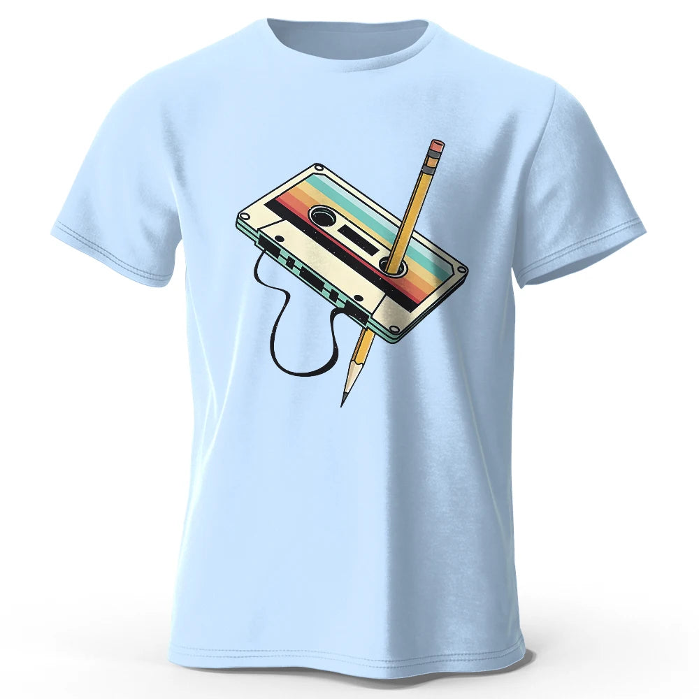 Retro Cassette Tape Rewind T-Shirt 100% Cotton Printed, Soft & Breathable Round Neck Short Sleeve Tee, Unisex Casual Wear