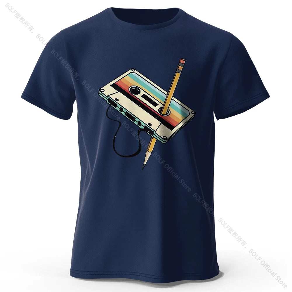 Retro Cassette Tape Rewind T-Shirt 100% Cotton Printed, Soft & Breathable Round Neck Short Sleeve Tee, Unisex Casual Wear
