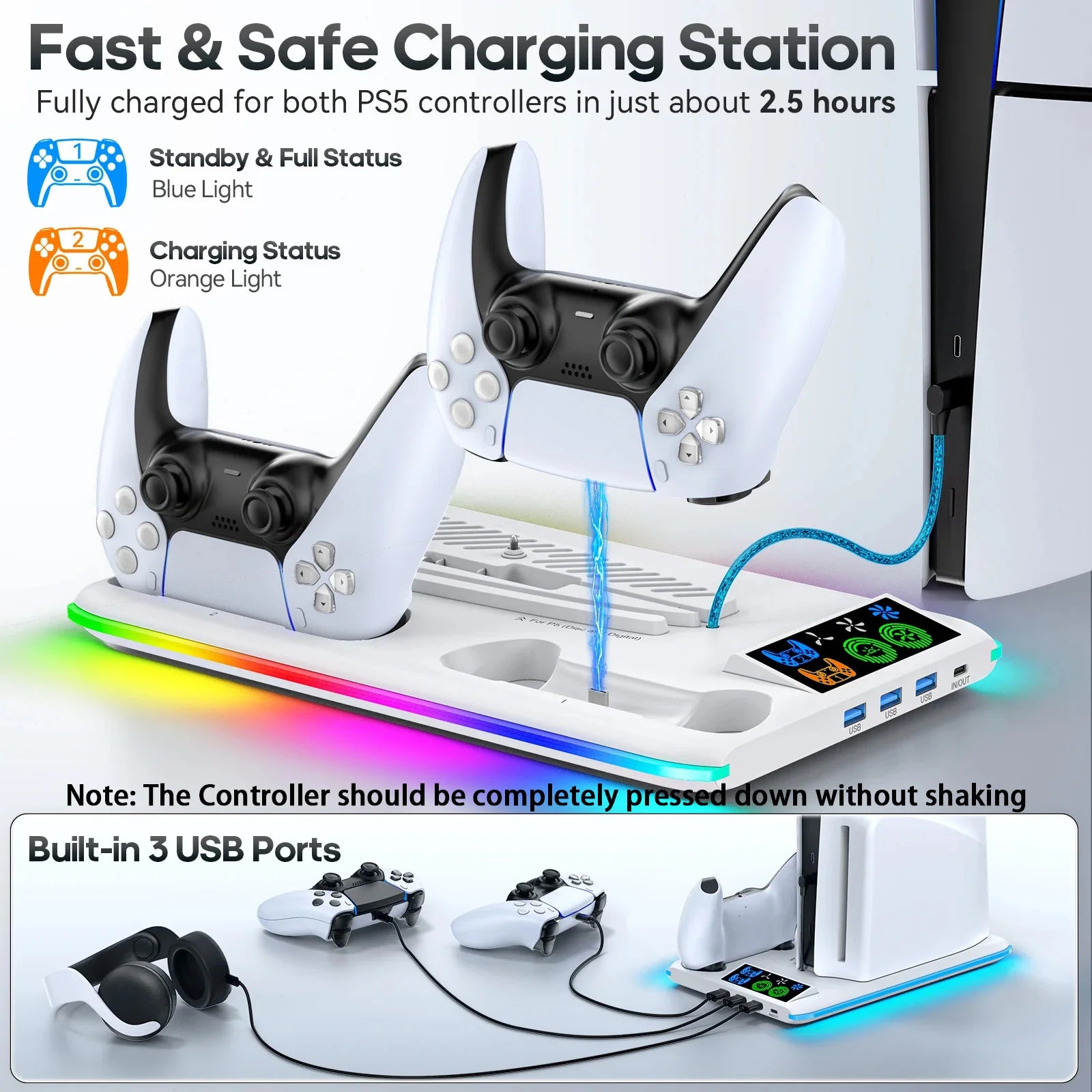 PS5/PS5 Slim/PS5 Pro Stand with Headphone Hook Cooling Stand & Controller Charging Station for PS5 With 3 Levels Cooling Fan