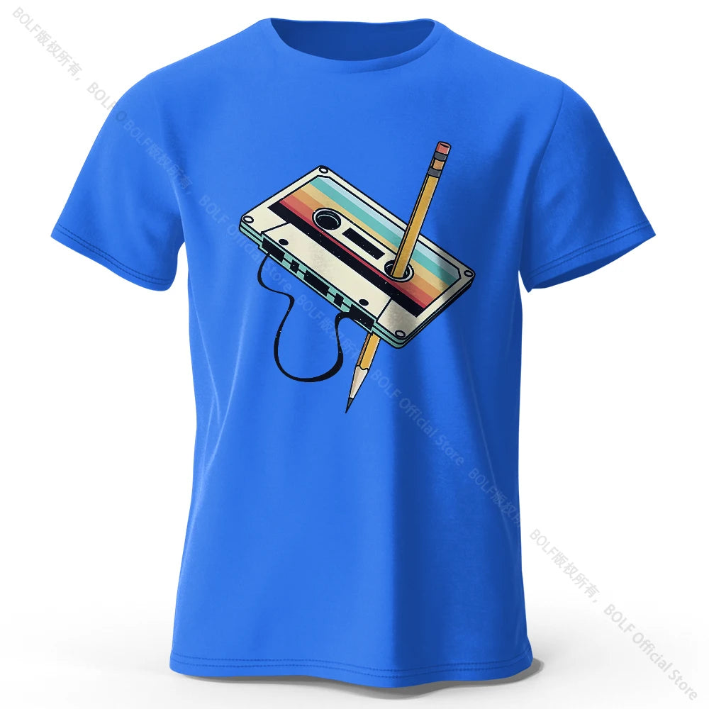 Retro Cassette Tape Rewind T-Shirt 100% Cotton Printed, Soft & Breathable Round Neck Short Sleeve Tee, Unisex Casual Wear