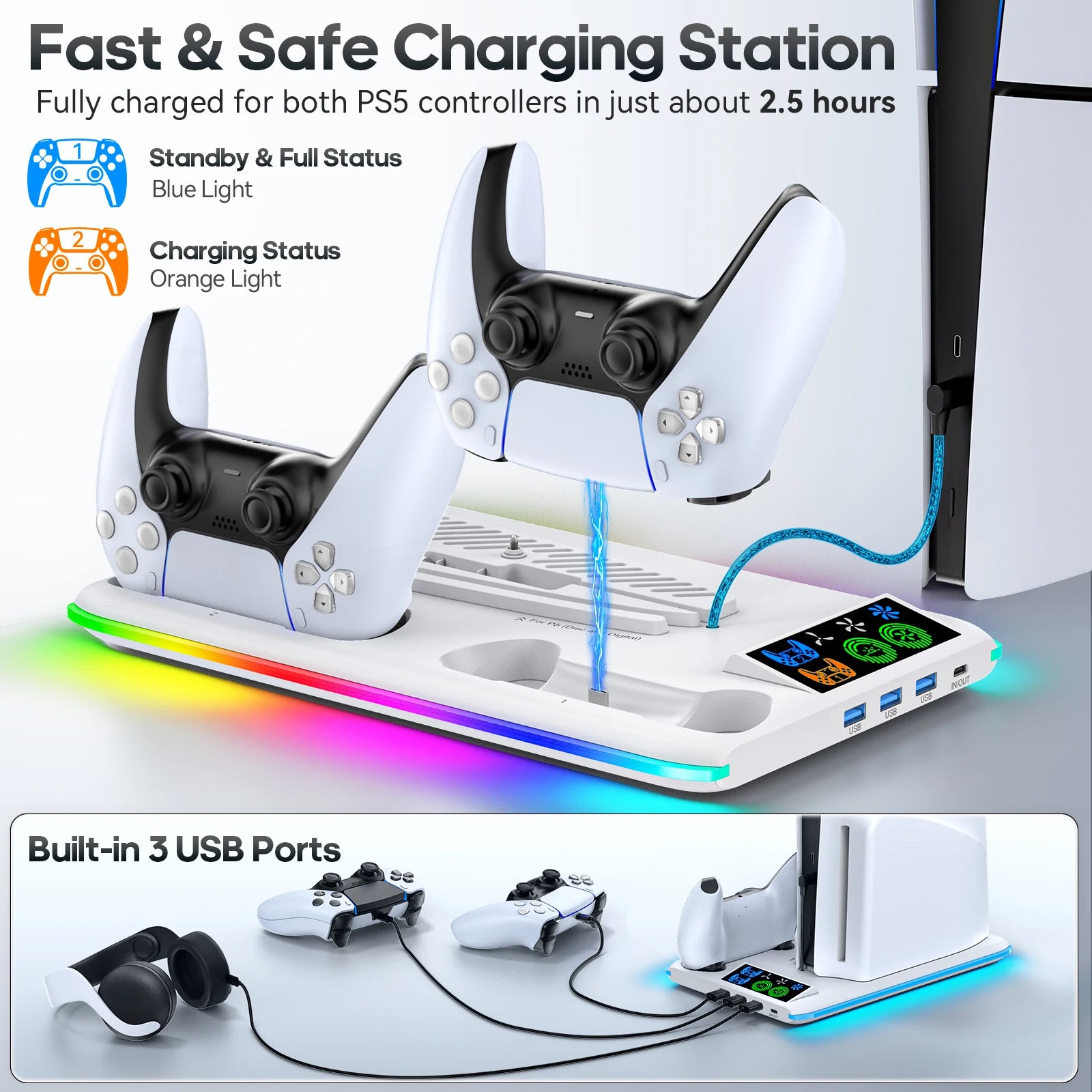 PS5/PS5 Slim/PS5 Pro Stand with Headphone Hook Cooling Stand & Controller Charging Station for PS5 With 3 Levels Cooling Fan
