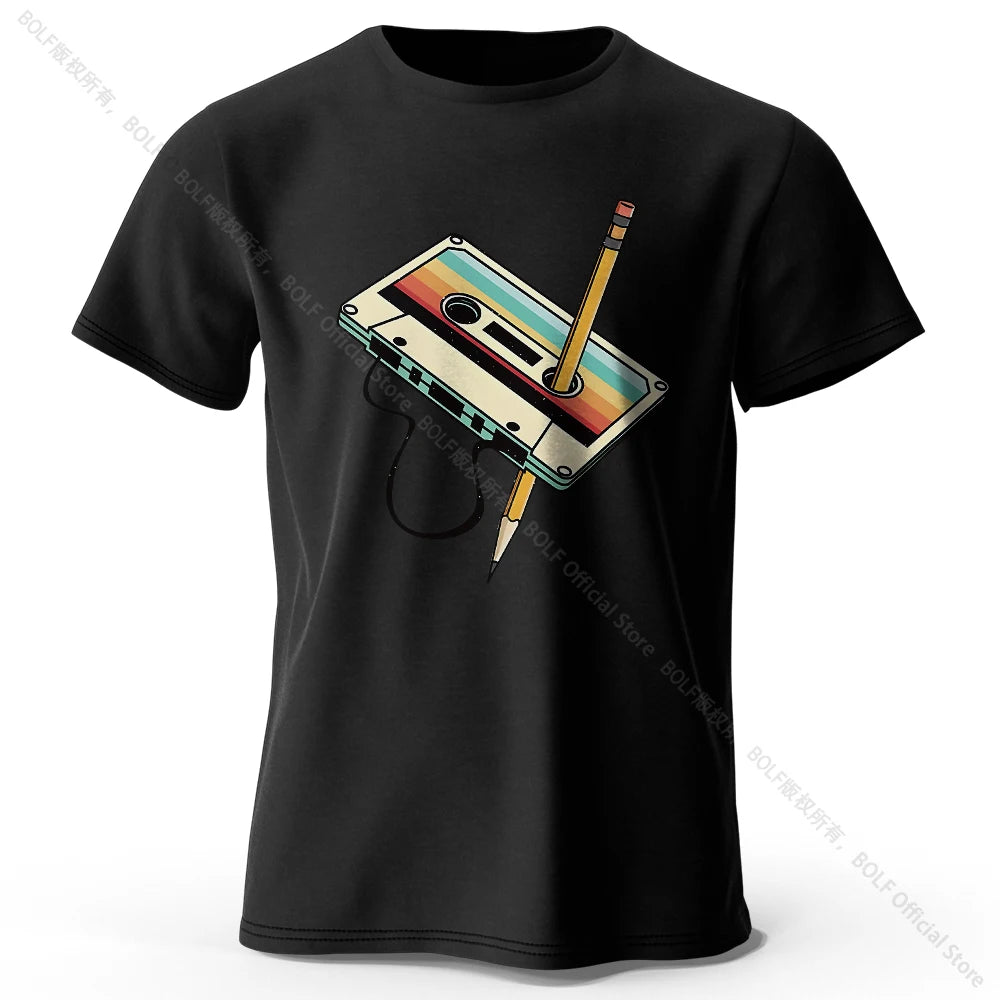 Retro Cassette Tape Rewind T-Shirt 100% Cotton Printed, Soft & Breathable Round Neck Short Sleeve Tee, Unisex Casual Wear