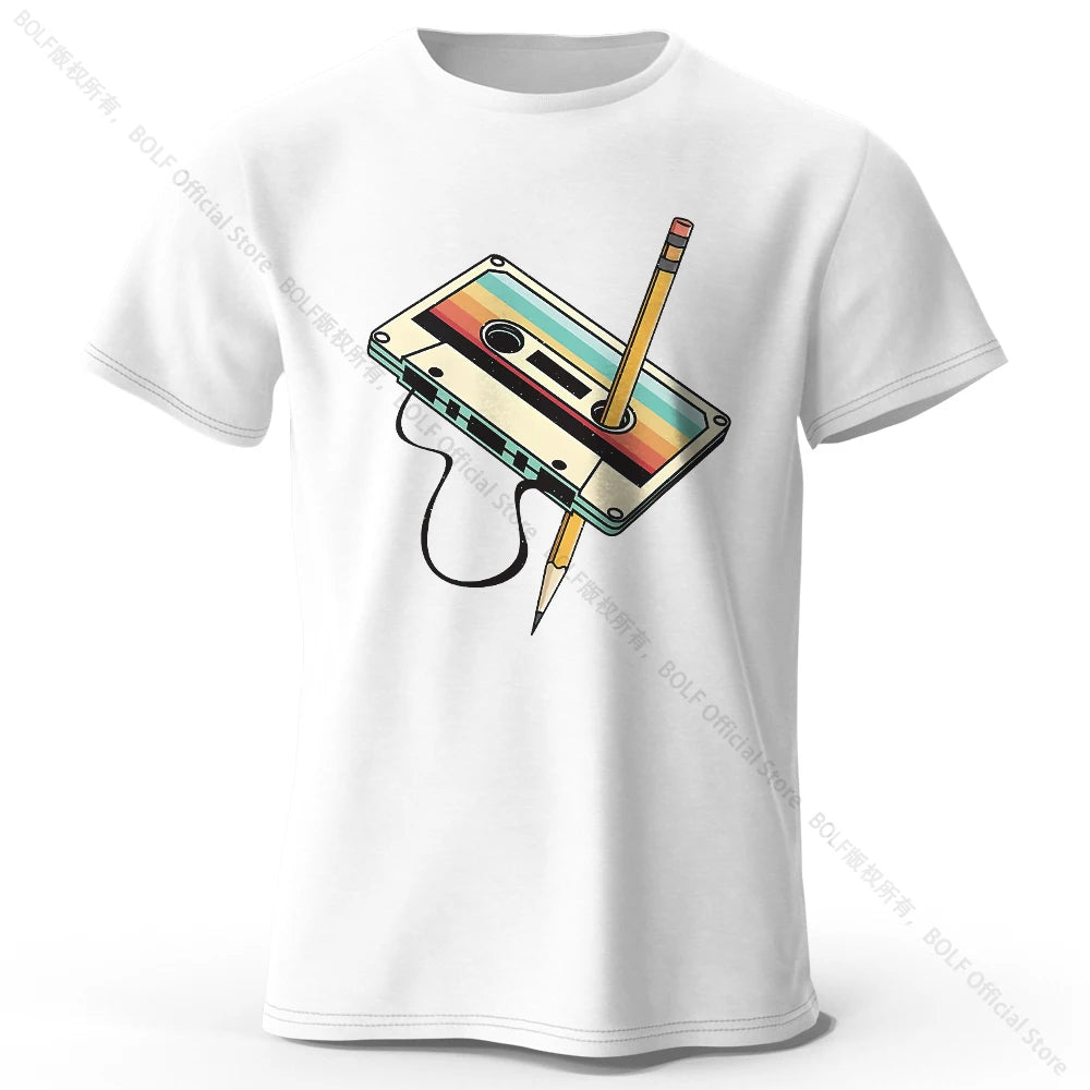 Retro Cassette Tape Rewind T-Shirt 100% Cotton Printed, Soft & Breathable Round Neck Short Sleeve Tee, Unisex Casual Wear